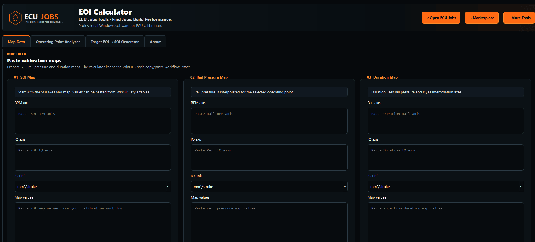 Screenshot des ECU-Jobs EOI Calculators mit Map Data, Operating Point Analyzer und Target EOI zu SOI Generator