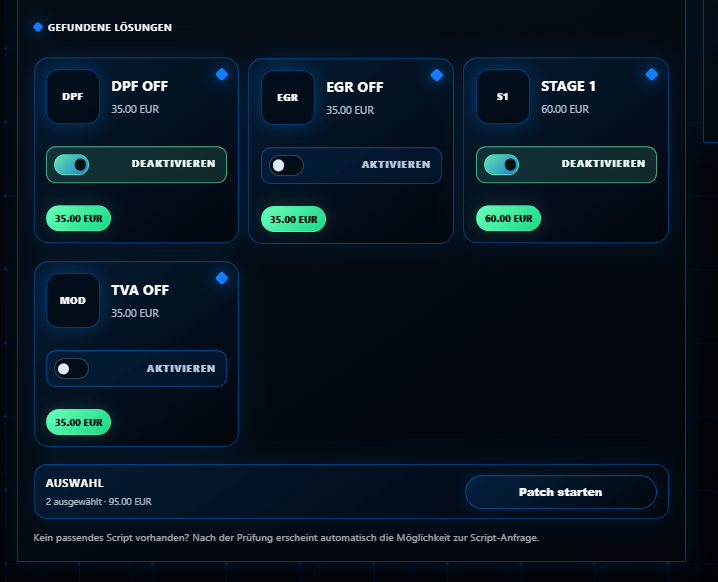 Gefundene Patch-Lösungen im White-Label Tuningfile Patch Portal