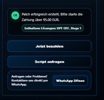 Kompakte Zahlungsbox nach erfolgreicher Patch-Erstellung