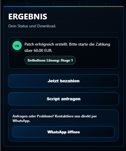 Mobile Ergebnisansicht mit Zahlung und Script-Anfrage